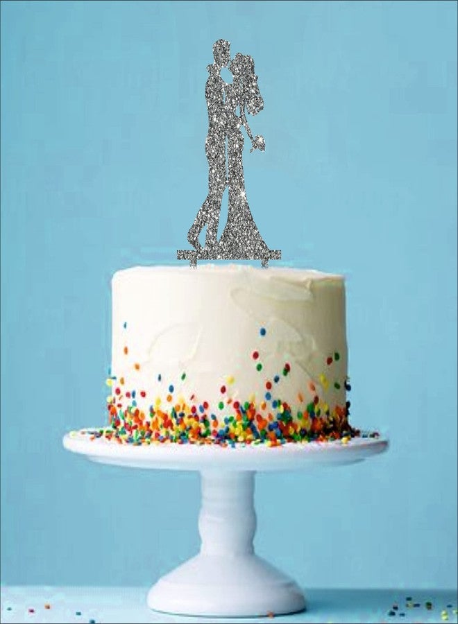 Party Baazaar Acyrlic Silver Glitter Finish Couple Cake Topper for Decoration (Silver, 6X3 Inches) - Image 2